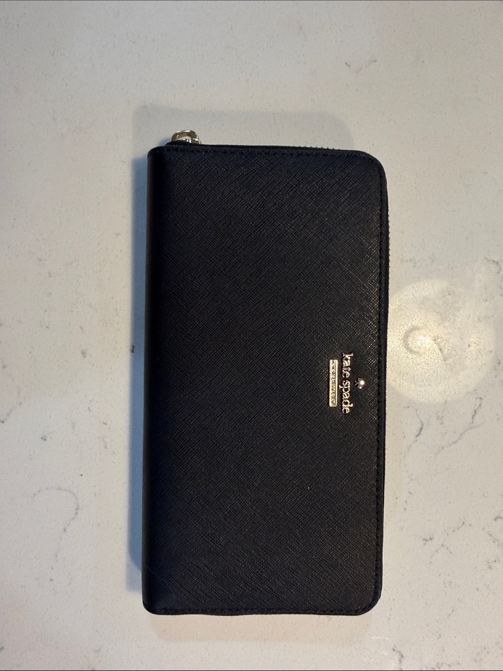 kate spade Black Saffiano Zip Around Wallet with Gold Logo